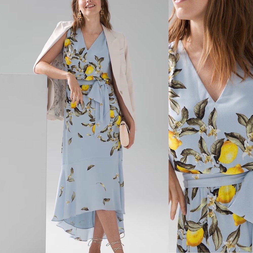 WHBM Blue Sleeveless Lemon Print Tea Midi Dress High Low Hem sz16NWT